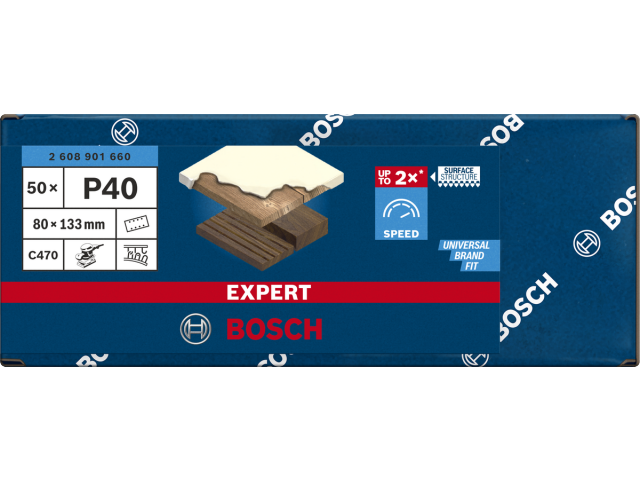 Brusni papir EXPERT Bosch z 8 luknjami za vibracijske brusilnike, Dimenzije: 80x133 mm, Zrnatost: 40, 2608901660